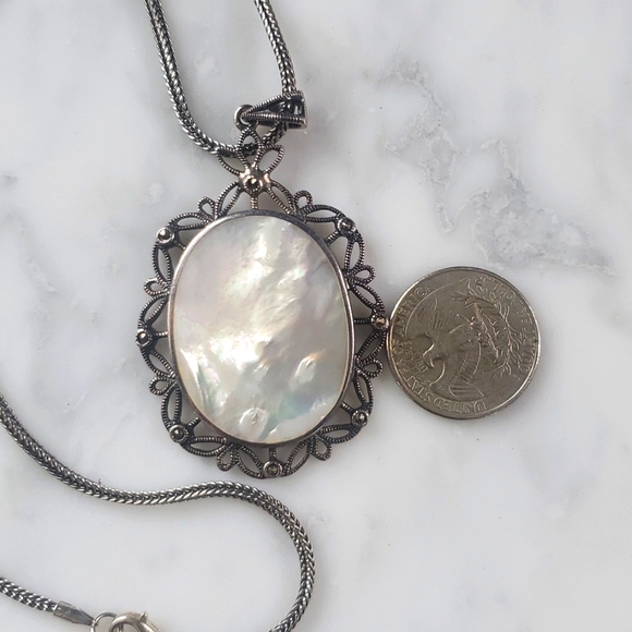 Sterling Silver Mother of Pearl and Marcasite Necklace - Picture 5 of 7
